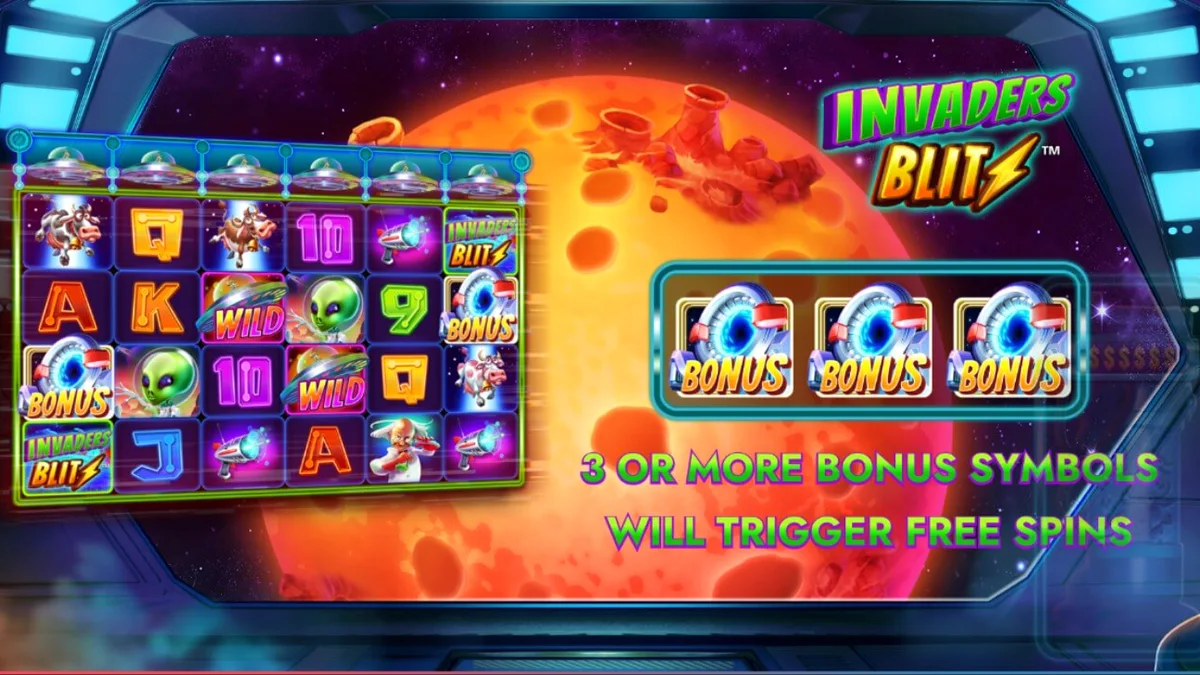 Interface do jogo de slot Invaders Blitz com tema de invasão alienígena