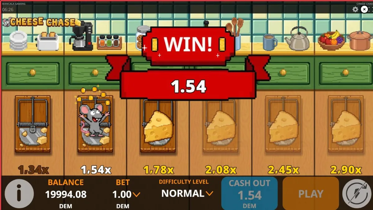 Interface do jogo Cheese Chase com tema de rato e cozinha